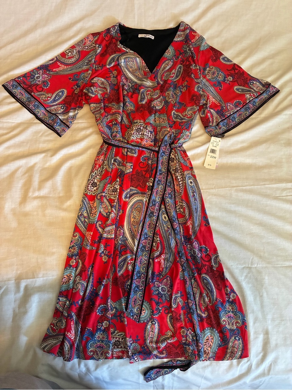 Studio One Plus Size 22W Red Paisley Faux Wrap Dress NWT Tie Waist Midi Dress